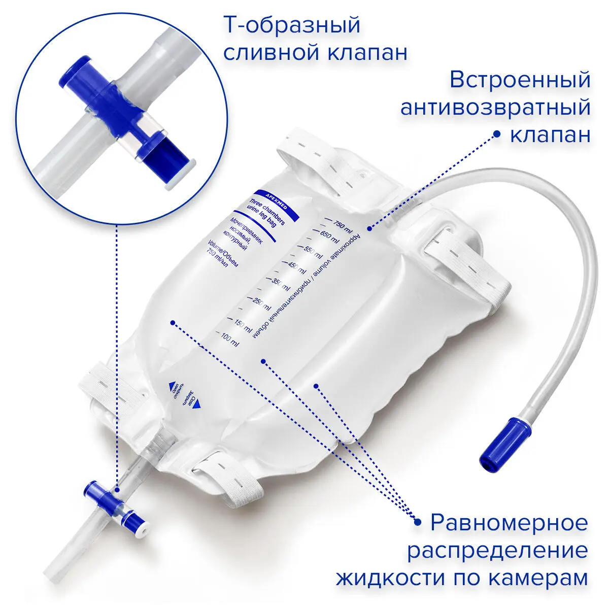 Мочеприемник ножной Apexmed контурный 750 мл, 28 см, носимый